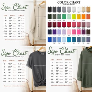 Puede incluir: La imagen muestra tablas de tallas para sudaderas y sudaderas con capucha Gildan, y camisetas Comfort Colors. Las tablas muestran medidas en pulgadas y cent&iacute;metros para varias tallas, adem&aacute;s de una tabla de colores para sudaderas Gildan 18000.