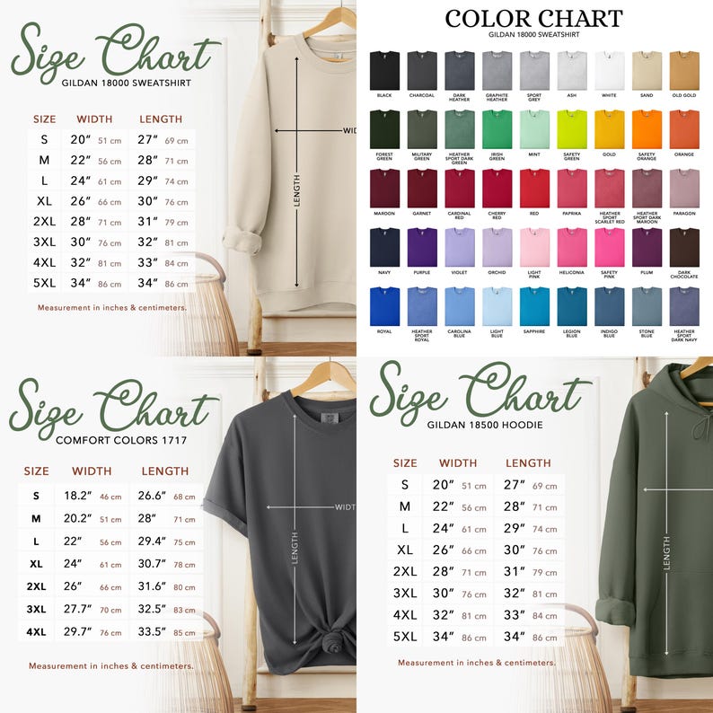 Puede incluir: La imagen muestra tablas de tallas para sudaderas y sudaderas con capucha Gildan, y camisetas Comfort Colors. Las tablas muestran medidas en pulgadas y cent&iacute;metros para varias tallas, adem&aacute;s de una tabla de colores para sudaderas Gildan 18000.