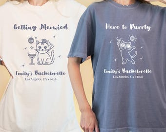 Maglietta "Miao miagolato", maglietta "Qui per fare le fusa", divertenti magliette per addio al nubilato con gatti, maglietta personalizzata con colori comodi per gli amanti dei gatti per la festa nuziale