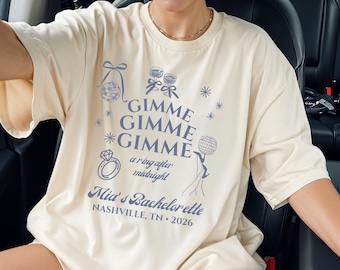 Gimme disco vrijgezellenshirt, grappige bruid T-shirt, gepersonaliseerd Bach Party shirt, aangepaste naam locatie jaar, bijpassende shirts bruidsmeisje