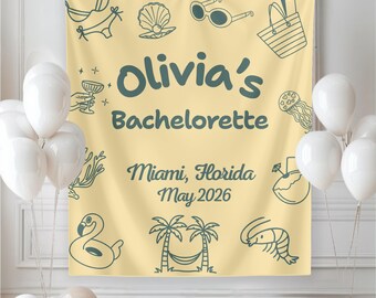 Beach Bachelorette Banner, Personalized Party Tapestry, Custom Bach Club Decor, Coastal Bridal Shower Photo Backdrop Wall Hanging