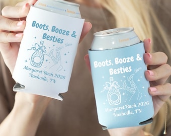 Portabottiglie Boots Booze Besties Bach, portabottiglie personalizzato per ragazze, bomboniera per festa di compleanno a tema Nashville con manicotto per bevande e cowgirl western
