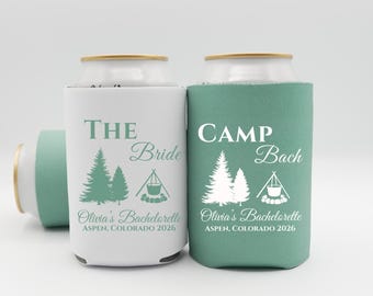 Camp Bach Can Cooler, Camping Bachelorette Party Favor, Mountain Lake Bride Weekend, Custom Camp Bach Can Sleeve Gift