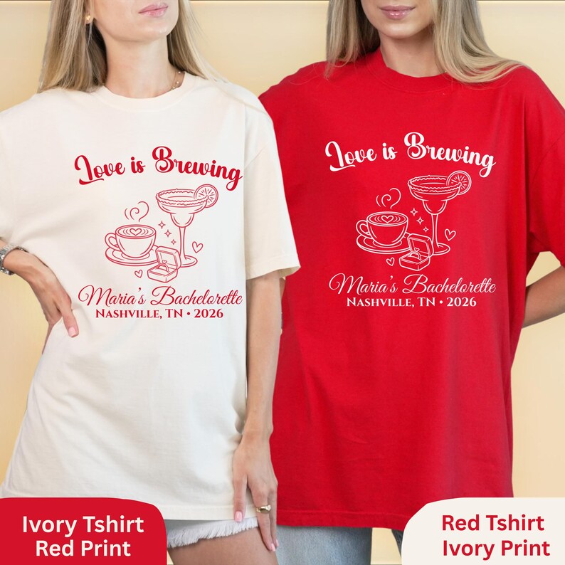 Camiseta de despedida de soltera "Love Is Brewing", camiseta personalizada para fiesta de despedida de soltera con temática de café, camiseta personalizada para la novia y las damas de honor, camisetas a juego para la despedida de soltera. imagen 9