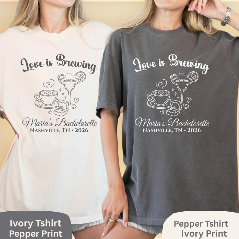 Camiseta de despedida de soltera "Love Is Brewing", camiseta personalizada para fiesta de despedida de soltera con temática de café, camiseta personalizada para la novia y las damas de honor, camisetas a juego para la despedida de soltera. imagen 8
