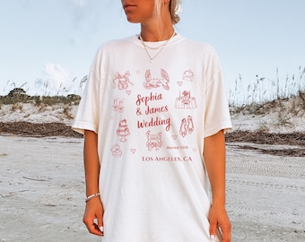 Anpassad bröllopsskjorta, personlig bröllopshelg-t-shirt, parets namn, plats, år, brudtärna-skjortor, bröllopspresent, förlovningspresent