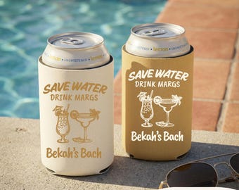Save Water Drink Margs Can Cooler, Personalized Bachelorette Can Sleeve, Custom Name Bach Party Favor, Beach Bachelorette Drink Holder