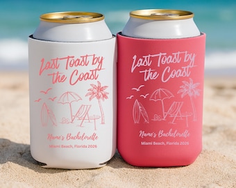 Last Toast On The Coast Can Coolers, Personalized Beach Bachelorette Favors, Custom Bach Party Can Sleeves, Bridesmaid Gifts, Slim & Regular