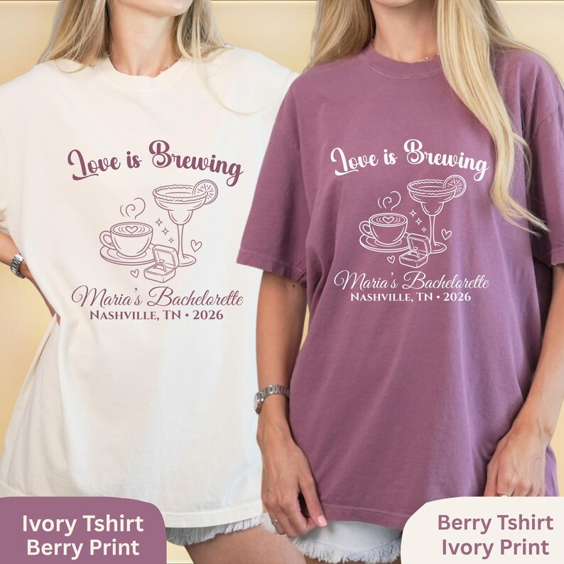 Camiseta de despedida de soltera "Love Is Brewing", camiseta personalizada para fiesta de despedida de soltera con temática de café, camiseta personalizada para la novia y las damas de honor, camisetas a juego para la despedida de soltera. imagen 7