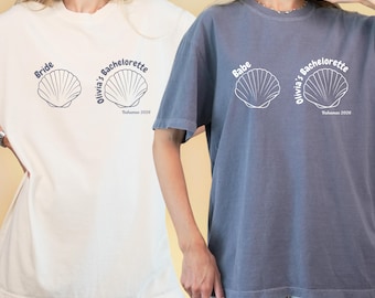 Camiseta personalizada para despedida de solteira na praia, camiseta de biquíni com conchas de sereia, camisetas Comfort Colors para noivas e amigas com tema litorâneo, última viagem entre amigas
