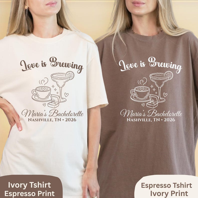 Camiseta de despedida de soltera "Love Is Brewing", camiseta personalizada para fiesta de despedida de soltera con temática de café, camiseta personalizada para la novia y las damas de honor, camisetas a juego para la despedida de soltera. imagen 10