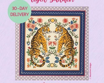 Floral Tiger Mahjong Mat, Preppy Chinoiserie Game Table Cover, Lavender Garden Polyester