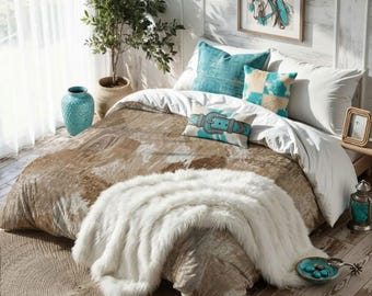 Copripiumino in pelle di mucca / Biancheria da letto stile cowgirl costiera / Arredamento camera da letto western / Copripiumino boho matrimoniale, king size e singolo / Biancheria da letto cottagecore / Stampa mucca
