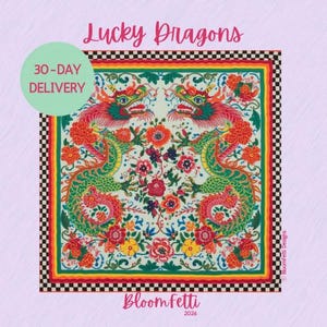 May include: Square scarf with a floral and dragon design. The scarf features two green and red dragons facing each other, surrounded by colorful flowers. The words "Lucky Dragons" are at the top, and "BloomFetti" is at the bottom.