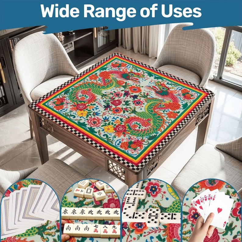 Mahjong Mat | Lucky Dragons Chinoiserie Game Night Decor, Polyester Non-Slip Tile Mat image 9