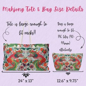 May include: A detailed image showcasing a Mahjong tote bag and a smaller bag, both featuring a vibrant dragon and floral design. The tote measures 24" x 13", while the smaller bag is 12.6" x 9.75". Text indicates the tote fits racks and the bag holds 146 tiles (40-44mm).