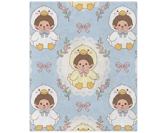 Manta de pato inspirada en Monchhichi / Manta de lazo azul bebé Coquette / Manta de felpa Kawaii / Estética suave para niña / Linda manta de terciopelo