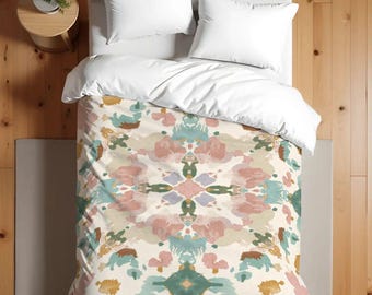 Coastal ikat dekbedovertrek katoen | Pastelkleurig boho-beddengoed | Kustdekbed | Oeko-Tex-katoen beddengoed | Zachtroze kleur slaapkamerdecoratie