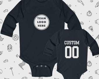 Custom Long Sleeve Baby Onesie | Infant Long Sleeve Bodysuit | Personalized Sports Name and Number