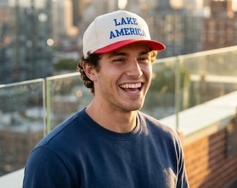 Lake America Hat Mid Profile Baseball Cap | Embroidered Vintage Lettering, Two-Tone