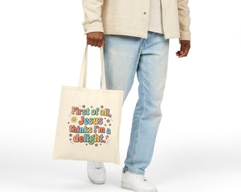 Jesus Thinks Im a Delight Tote | pastel groovy Christian encouragement | scripture bag