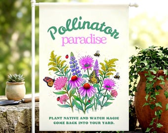 Pollinator Garden Sign | Bee Butterfly Floral Outdoor Decor | Flag, Banner