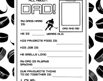 All About My Dad Printable Questionnaire, Hockey Themed Father's Day Questionnaire for kids