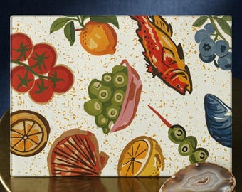 Italian Cutting Board | Mediterranean Kitchen | Seafood and Citrus Pattern Cutting Board | Fish Shrimp Oysters Tomatoes Olives