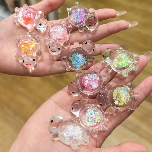10pcs Mixed Miniature Turtle Figurines with Glitter & Sequins for Display, Kawaii Desk Decor