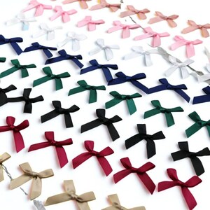 May include: A selection of small satin bows in a variety of colours, including pink, white, navy, green, black, burgundy, and tan. The bows are arranged in a scattered pattern, ideal for crafts or embellishments.