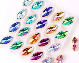 20pcs Navette Shape Glass Crystal Sew-On Rhinestones Gold Claw for DIY Crafts, Clothing Decoration