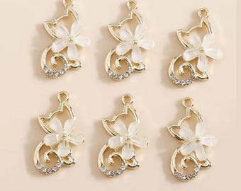 5pcs Cat with Flower Charm Pendant for Jewelry Making, Bracelets, Necklaces, DIY Crafts