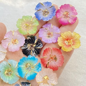 10pcs Resin Hibiscus Flower Cabochon Flatback for DIY Crafts & Jewelry Making Random Mixed Colors