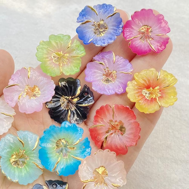 10pcs Resin Hibiscus Flower Cabochon Flatback for DIY Crafts & Jewelry Making Random Mixed Colors