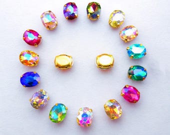 AB Oval Glass Crystal Sew-On Rhinestones with Gold Claw for DIY Crafts, Clothing Decoration