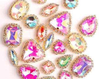 20pcs Assorted AB Color Glass Crystal Sew-On Rhinestones with Gold Claw for Crafts & Clothes