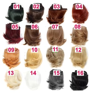 May include: Sixteen hair wefts in a variety of colours, including dark green, brown, auburn, burgundy, and blonde. Each weft is labelled with a number from 01 to 16, showcasing a range of shades and styles.