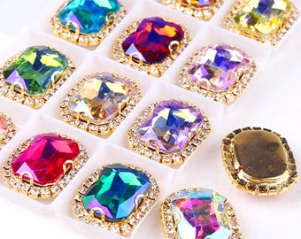 AB Rectangle Glass Crystal Sew-On Rhinestones Gold Claw for DIY Crafts, Clothing Decoration