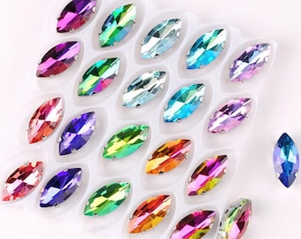 20pcs Navette Shape Glass Crystal Sew-On Rhinestones Silver Claw for DIY Crafts, Clothing Decoration