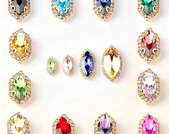 Navette Shape Glass Crystal Sew-On Rhinestones Gold Claw for DIY Crafts, Clothing Decoration