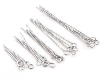 100pcs Stainless steel Eye Pins for Jewelry Making, Metal Loop Head Pins, DIY Findings