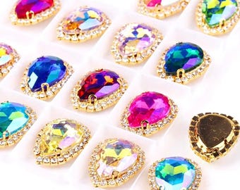 AB Teardrop Shape Glass Crystal Sew-On Rhinestones Gold Claw for DIY Crafts, Clothing Decoration