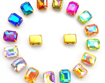 AB Rectangle Glass Crystal Sew-On Rhinestones Gold Claw for DIY Crafts, Clothing Decoration