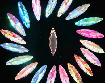 50pcs AB Navette Shape Glass Crystal Sew-On Rhinestones Silver Claw for DIY Crafts, Clothing Decoration