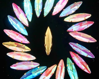 50pcs AB Navette Shape Glass Crystal Sew-On Rhinestones Gold Claw for DIY Crafts, Clothing Decoration