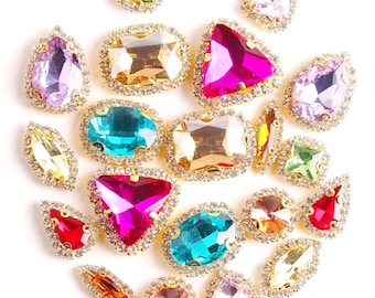 20pcs Assorted Glass Crystal Sew-On Rhinestones with Gold Claw for Crafts & Clothes