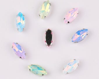 Navette Shape Glass Crystal Sew-On Rhinestones Silver Claw for DIY Crafts, Clothing Decoration