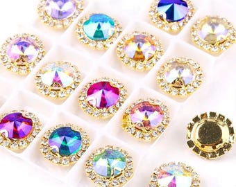 AB Round Glass Crystal Sew-On Rhinestones Gold Claw for DIY Crafts, Clothing Decoration