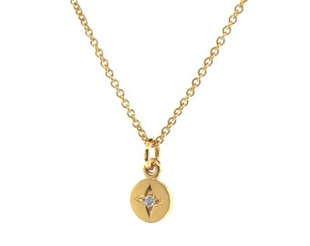 Yellow Gold Small Diamond Eclipse Pendant, dainty disc circle diamond necklace