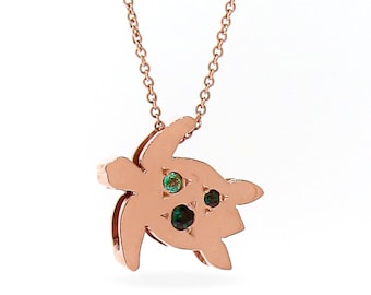 Solid 9ct Rose Gold Green Tourmaline Turtle Pendant with optional 9ct Rose gold cable chain